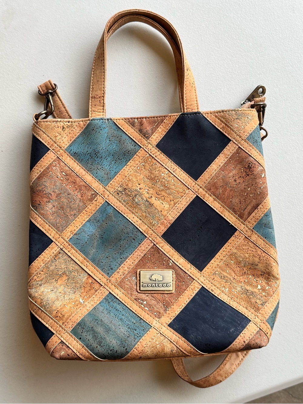 Montado Women's Shoulder Cork Patchwork Purse Backpack Brown Turquoise Black